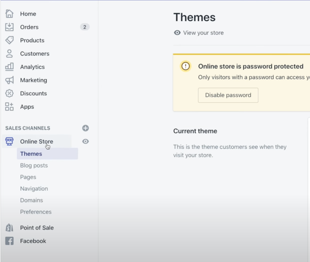 Shopify admin: Select "Themes" in the left sidebar
