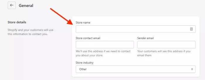 Store name field in Shopify general settings