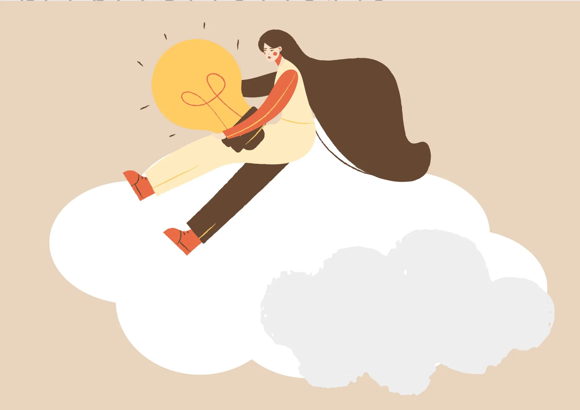 Illustration of a woman sitting on a cloud holding a light bulb